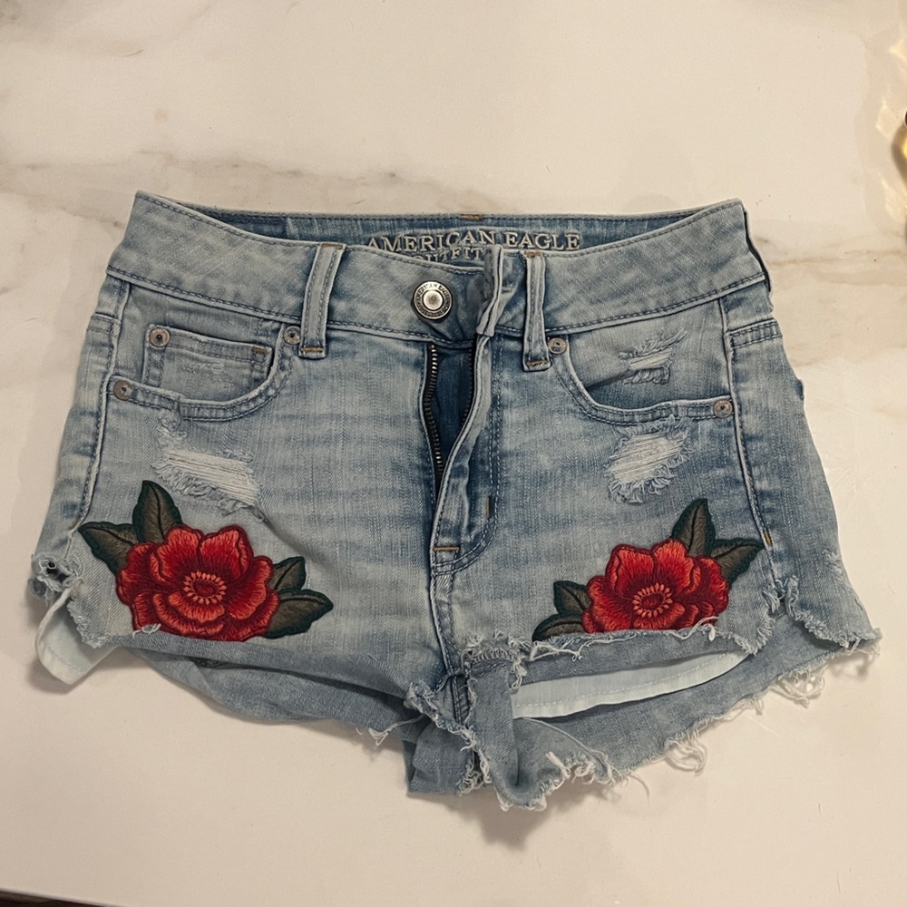 American Eagle Outfitters Light Wash Denim Shorts with Red Floral Patches